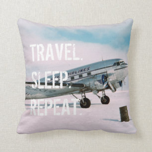 Travel sleep repeat vintage airplane wanderlust throw pillow