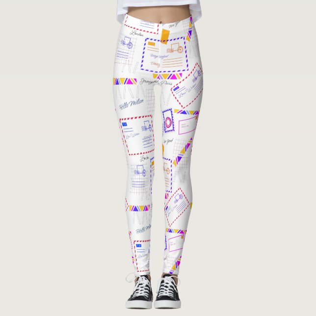 Travel Stamp Cities Colorful Pattern Leggings (Front)
