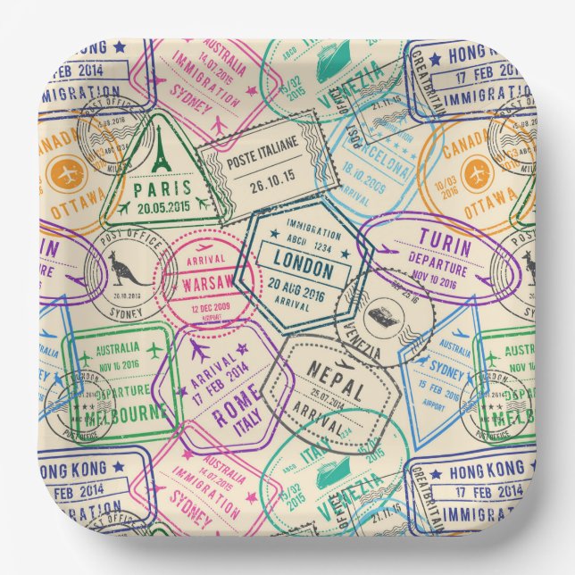 Travel Stamps  Paper Plates (Front)