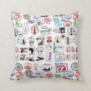 Travel Stamps Pattern Throw Pillow