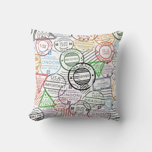 Travel Stamps Throw Pillow (Front)