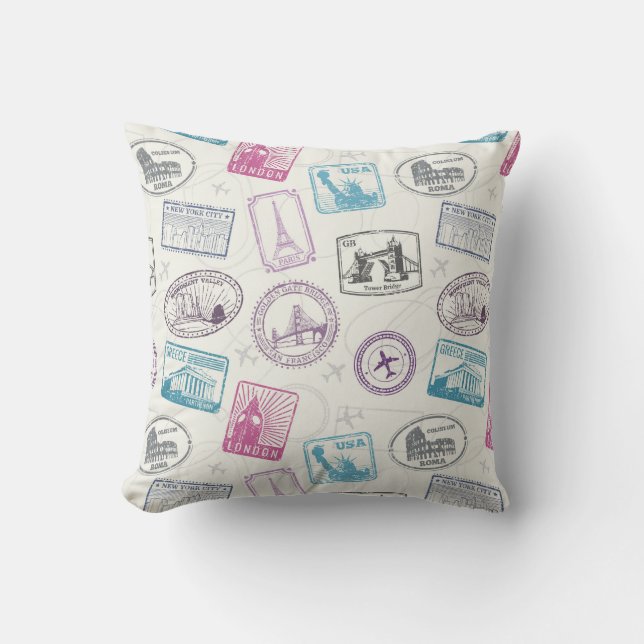 Travel Stamps Throw Pillow (Front)