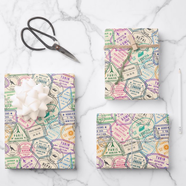 Travel Stamps Wrapping Paper Sheets (Front)