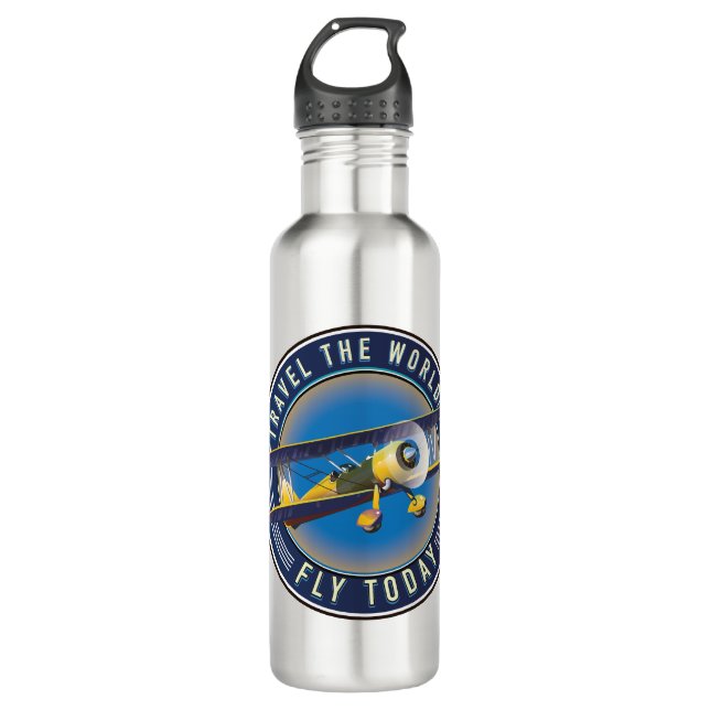 Travel the World Fly Today travel patch Stainless Steel Water Bottle (Front)