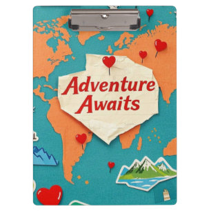 Travel the world map with heart pins clipboard