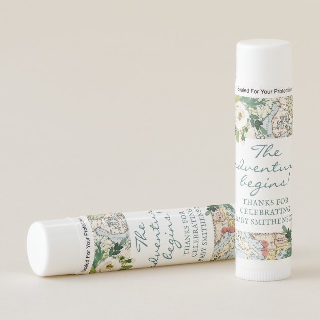 Travel Theme Adventure Begins Baby Shower Favor Lip Balm (Front)
