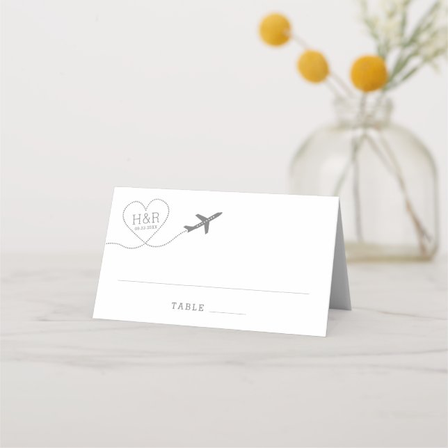 Travel Theme Airplane Heart Monogram Place Card (Front)