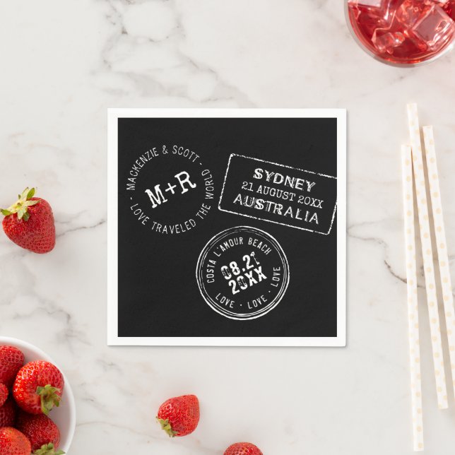 Travel Theme Black White Passport Stamp Wedding  Napkins (Insitu)