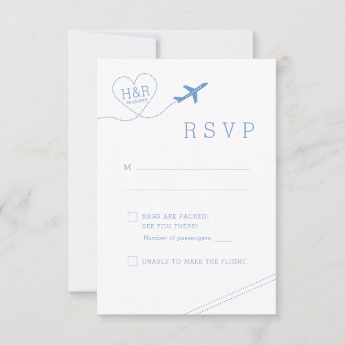 Travel Theme Blue Airplane Heart Minimalist RSVP Card