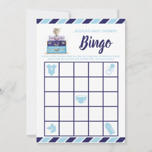 Travel Theme Blue Baby Shower Bingo Game Invitation