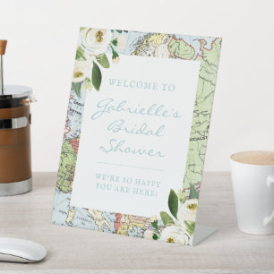 Travel Theme Floral Map Bridal Shower Welcome Pedestal Sign