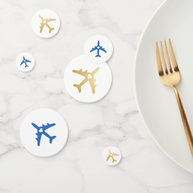 Travel Theme Gold Blue Airplane Romantic Heart Confetti (Group)