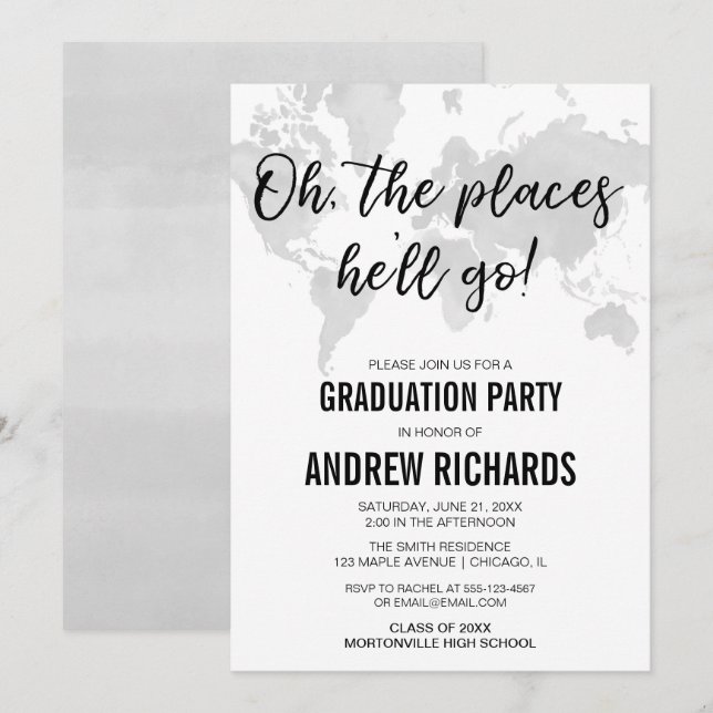 Travel theme Oh the places he'll go graduation Invitation (Front/Back)