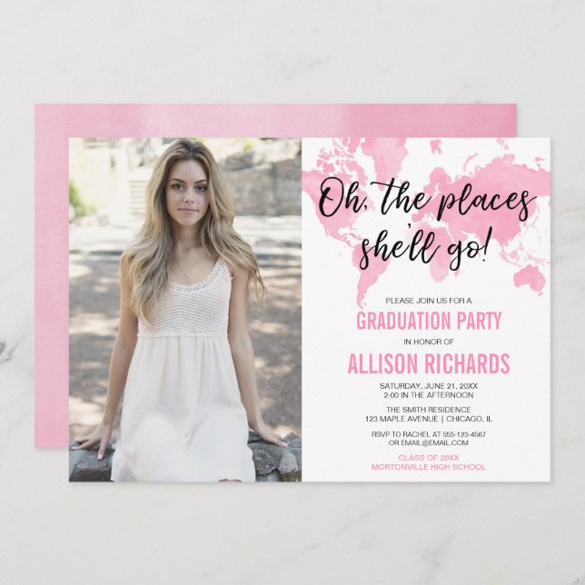 Travel theme oh the places she'll go graduation invitation (Front/Back)