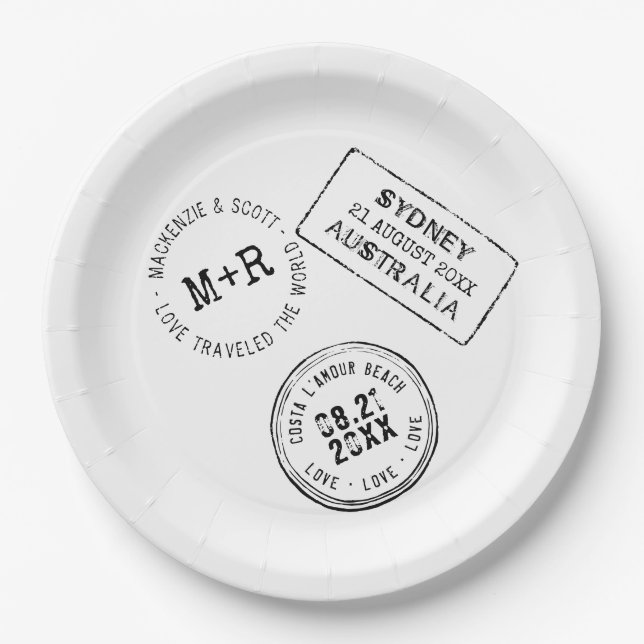 Travel Theme Passport Stamp Custom Wedding Paper Plates (Front)