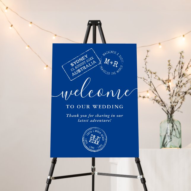 Travel Theme Passport Stamp Navy Blue Welcome Sign (In Situ (Stand))