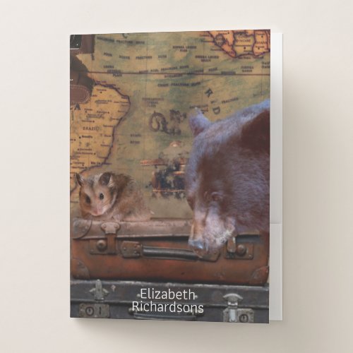 Travel theme personalizable bear hamster world map pocket folder