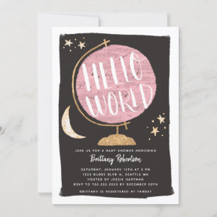 Travel Theme Pink Globe Hello World Baby Shower Invitation