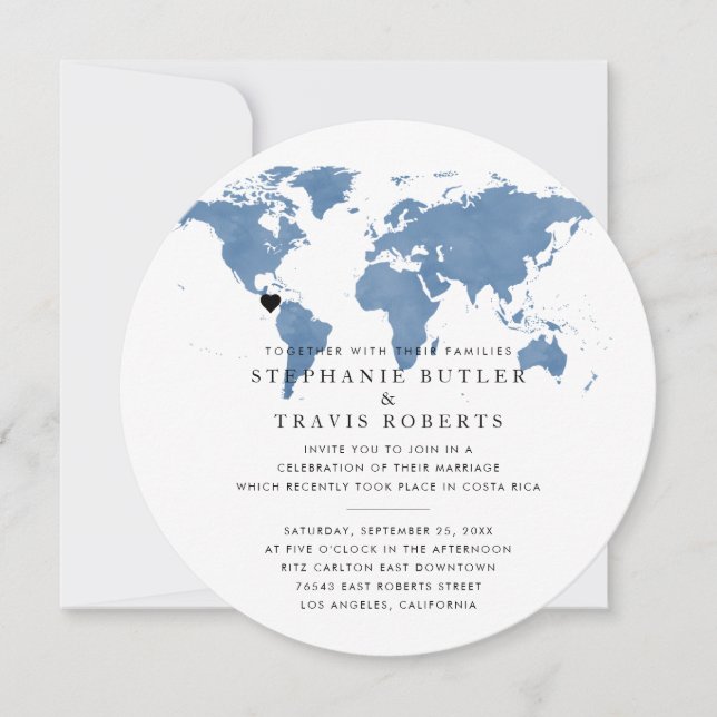 Travel Theme Reception Invitation Dusty Blue Globe (Front)