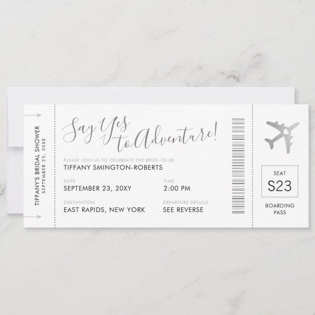  Travel Theme Silver Bridal Shower Boarding Pass Invitation (Front)