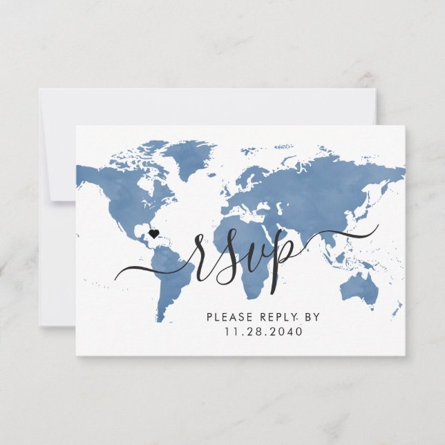 Travel Theme World Map Blue RSVP Card (Front)