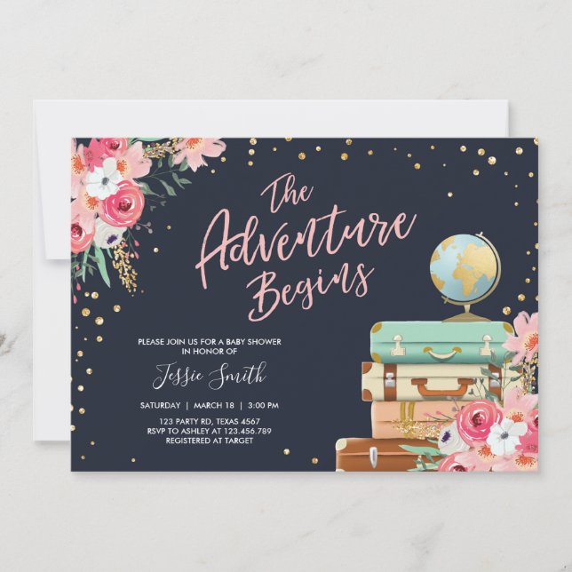 Travel themed Baby shower invite Adventure Begins (Front)