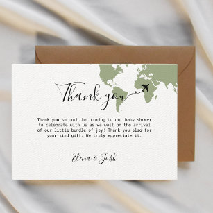 Travel themed Baby Shower World Map Sage Green Thank You Card