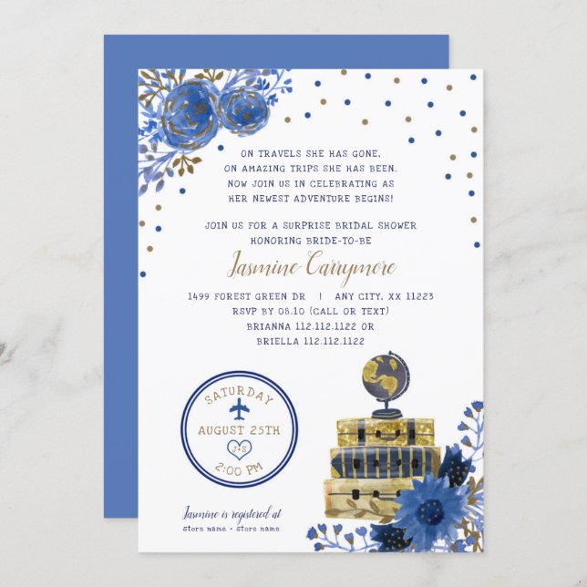 Travel themed bridal shower invitation (Front/Back)