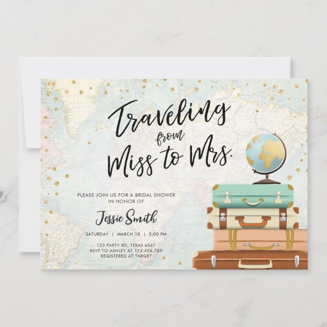 Travel themed Bridal shower invitation Miss to Mrs (Front)