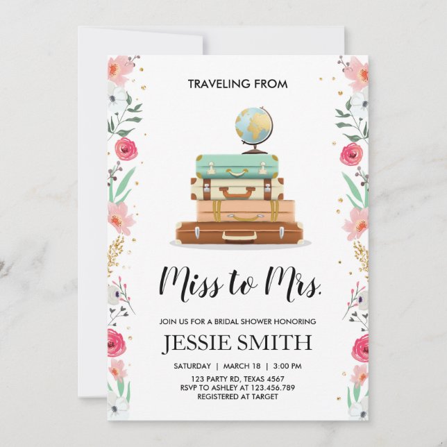 Travel themed Bridal shower invitation Miss to Mrs (Front)