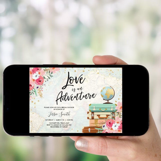 Travel themed Bridal shower Love is Adventure Pink Invitation (Front Digital)