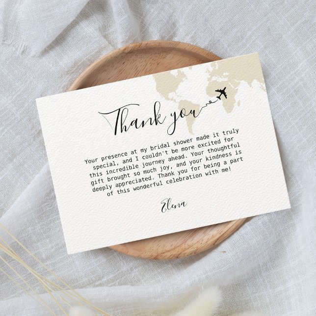 Travel themed Bridal Shower World Map Beige Thank You Card (thank you bridal shower travel themed beige world map)