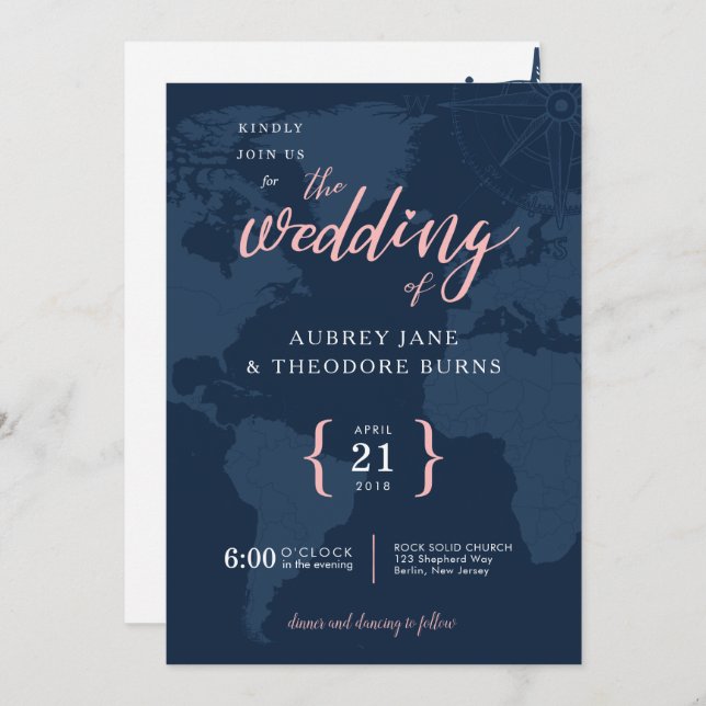 Travel Themed Compass and Globe Wedding Invitation (Front/Back)