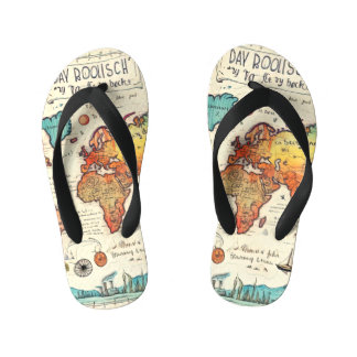 Travel themed vintage map drawing colorful  kid's flip flops