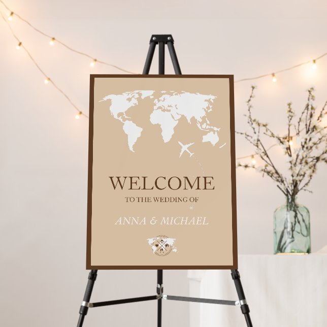 Travel Themed Wedding World Map Boho Welcome Sign (In Situ (Stand))
