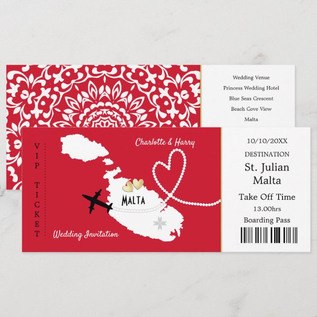 Travel Ticket Boarding Pass Malta Wedding Invite (Front/Back)