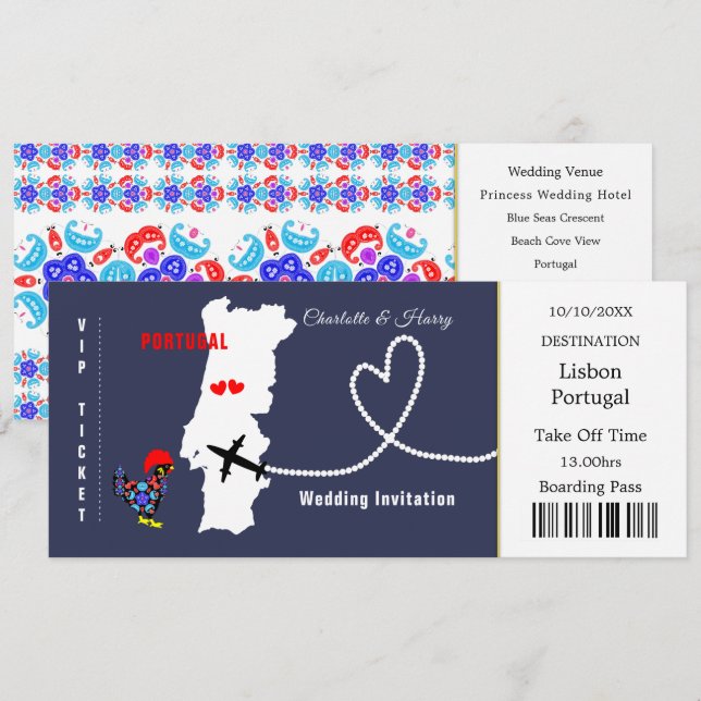 Travel Ticket Boarding Pass Portugal Wedding Invitation (Front/Back)