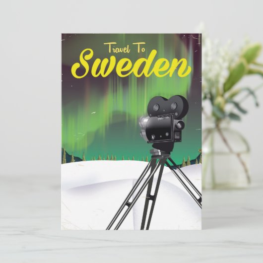 Travel to Sweden Northern lights Camera poster. (Standing Front)