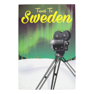 Travel to Sweden Northern lights Camera poster. Metal Print
