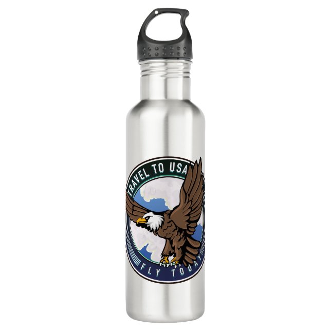 Travel to USA Fly today logo Stainless Steel Water Bottle (Front)