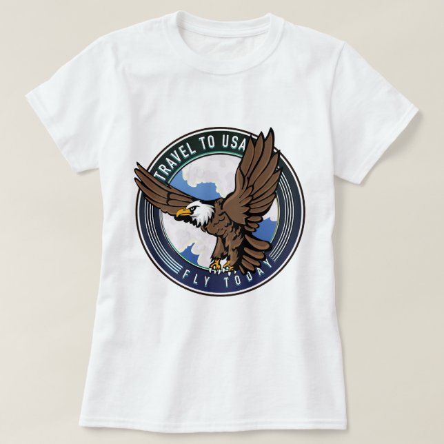 Travel to USA Fly today logo T-Shirt (Design Front)