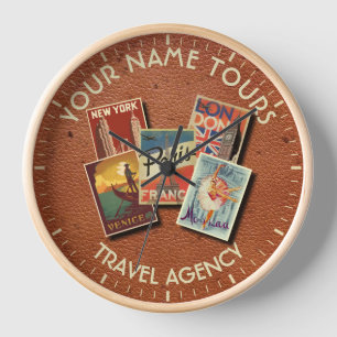 Travel Tours Agency Custom Name Vintage Postcards Clock