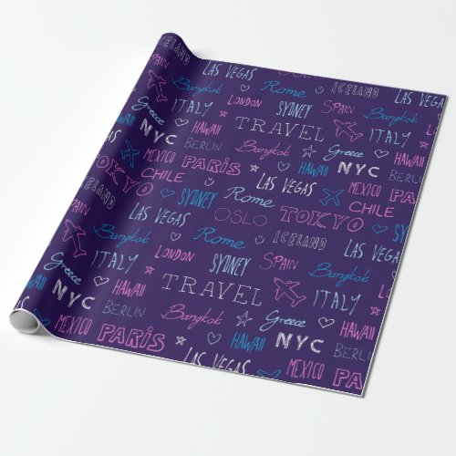 Travel traveler world destinations cool purple wrapping paper