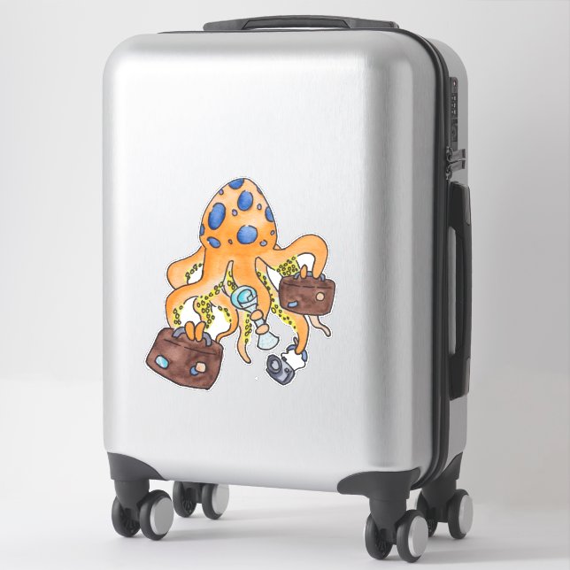 Travel Vacation Cartoon Illustration Funny Octopus Sticker (Suitcase)