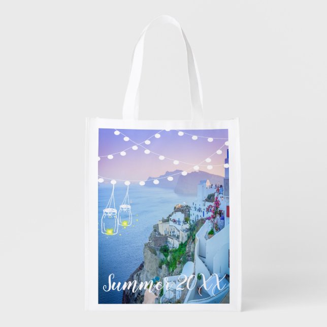 Travel vacation photo light string mason jar grocery bag (Front)