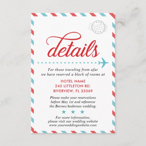 Travel Vintage Blue Red Wedding Suite Details Enclosure Card