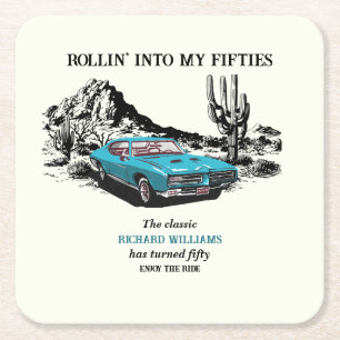 Travel Vintage Car Desert 50th Birthday Party Square Paper Coaster