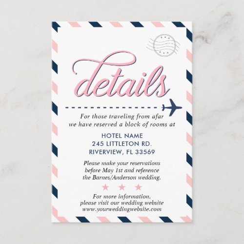 Travel Vintage Navy Pink Wedding Suite Details Enclosure Card