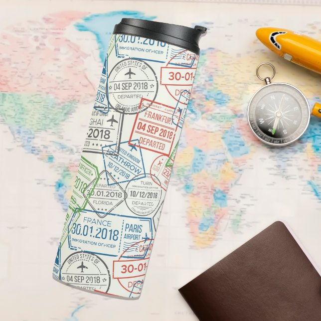 Travel Visa Stamp Thermal Tumbler (Help your favorite adventurer stay hydrated with this travel visa tumbler)