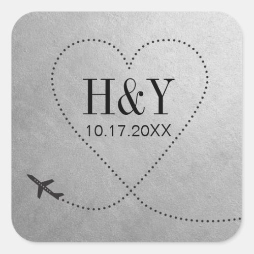 Travel Wedding Abroad Silver Airplane Monogram Square Sticker